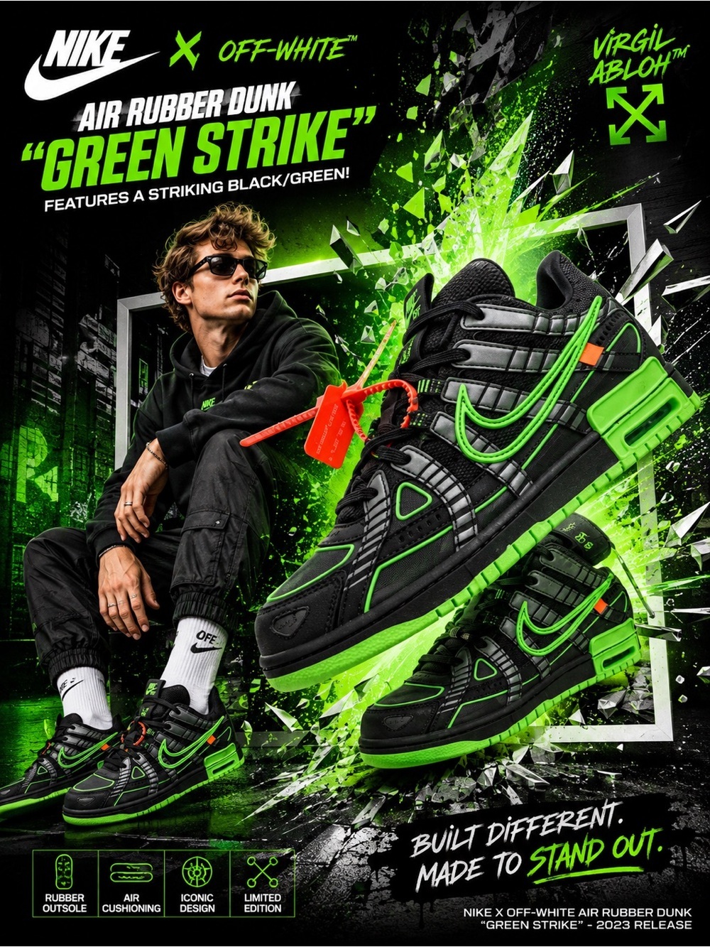 Nike x Off-White Air Rubber Dunk "Green Strike" features a striking black/Green🔥